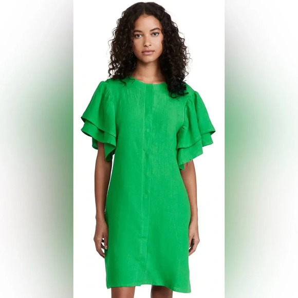 Fanm Mon 100% Linen Weave Snap Placket Short Flutter Sleeves Dress Size Medium M - Picture 1 of 12